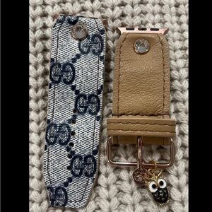 Upcycled Blue Webbed GG and Tan leather Watch Bands with Owl Charm